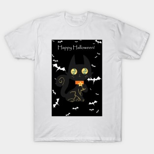 "Happy Halloween" Star Collar Black Cat T-Shirt